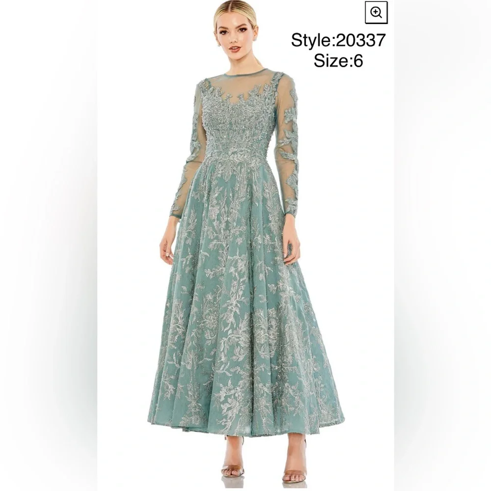 Bow belt illusion teal length evening gown - Picture 1 of 10